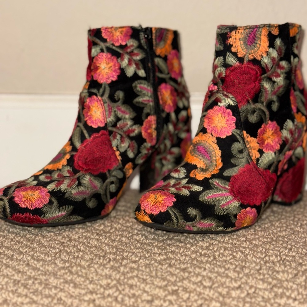 MIA Floral Embroidered Ankle Boots - Black and Multicolor